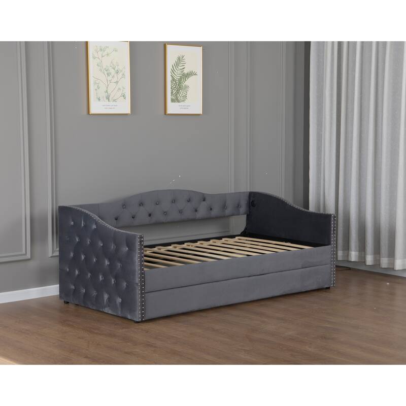 Twin Size Upholstered Daybed with Trundle, USB Charging, Wood Slat Support & Plush Velvet Fabric - Gray