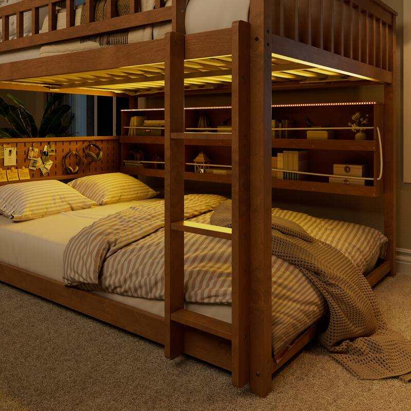 Wooden Full Over Full Bunk Bed Frame for Kids with Integrated Shelving, Light Strip, Pegboard, Full-Length Guardrails and Ladder