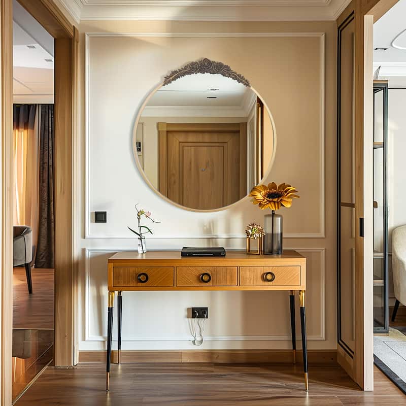 Baroque Style Round Mirror Antique Brass Decorative Wall Art Mirror Metal Frame Top with Resin Rose Pattern