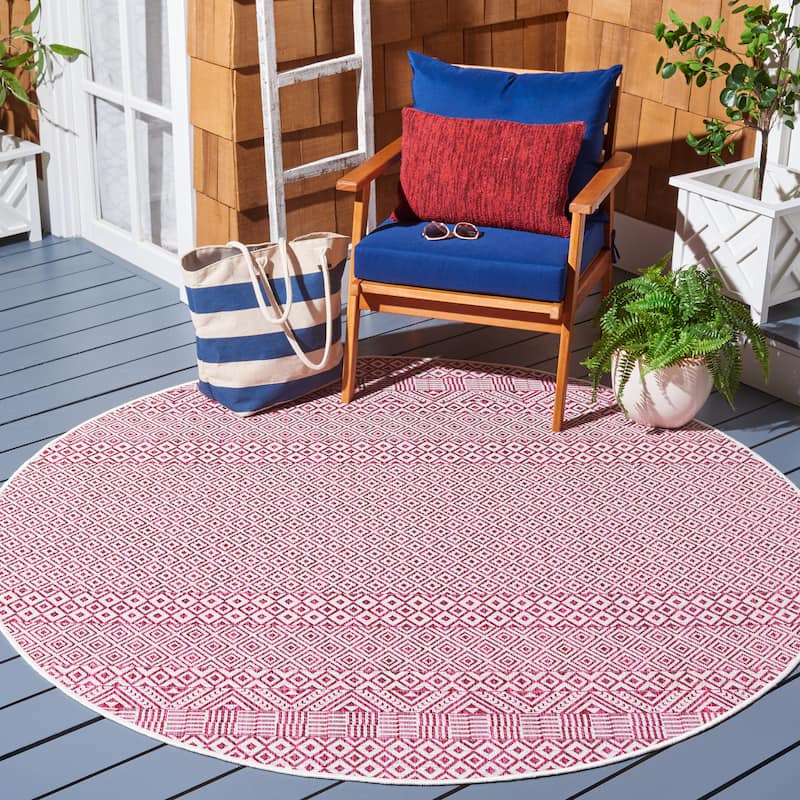 SAFAVIEH Courtyard Terezija Indoor/ Outdoor Waterproof Patio Backyard Rug - 6'7" Round - Ivory/Red