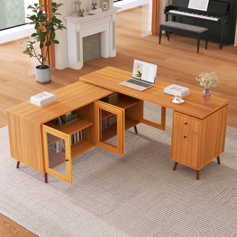 66.5" Large Office Desk with Drawers, Modern L-shaped Desk with Delicate Tempered Glass Cabinet Storage, Business Desk