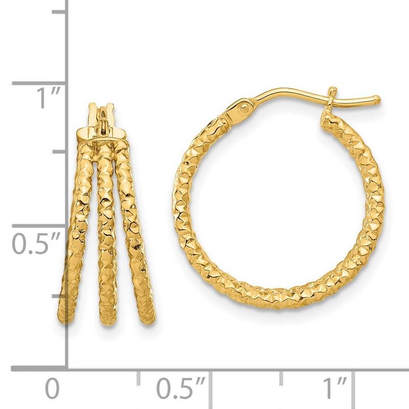 Curata 14k Yellow Gold Polished and Textured Three Row Hoop Post Earrings - 19.45x18.7mm