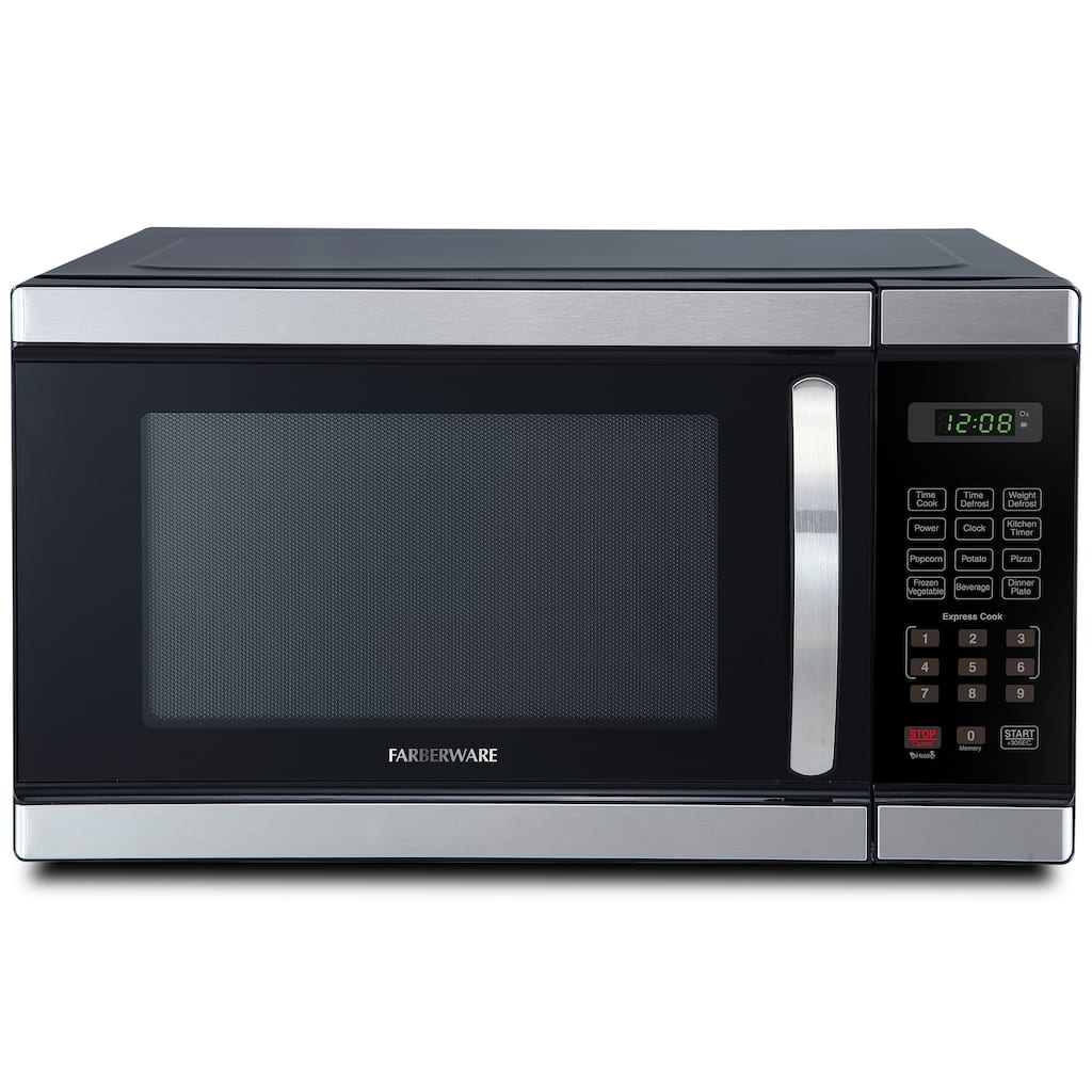 Farberware Professional 1.1 Cu. Ft 1000-Watt Microwave Oven, Brushed Stainless Steel with Black Body Wrap -GREEN LED