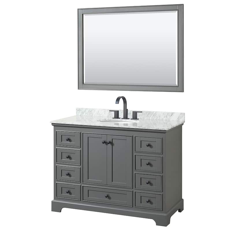 Deborah 48-inch Dark Gray Single Vanity, Oval Sink, 46-inch Mirror - Dark Gray, Black Trim, White Carrara Marble Top