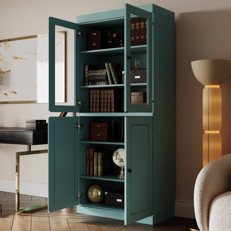 Palace Imports Solid Wood 6-Shelf Bookcase, Raised Panel Clear Glass Doors, Adjustable Shelves