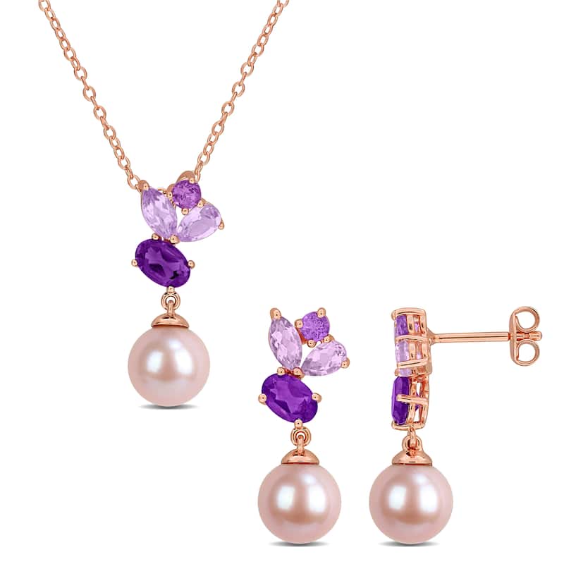 Miadora Sterling Silver Gemstone and Cultured Freshwater Pearl Necklace and Earrings Set - Purple