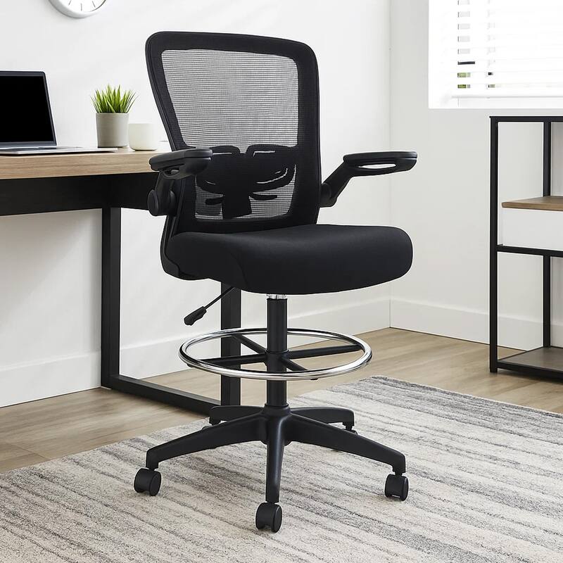 Dea Drafting Stool Chair, Flip-Up Arms, Black Mesh, Chrome Footring