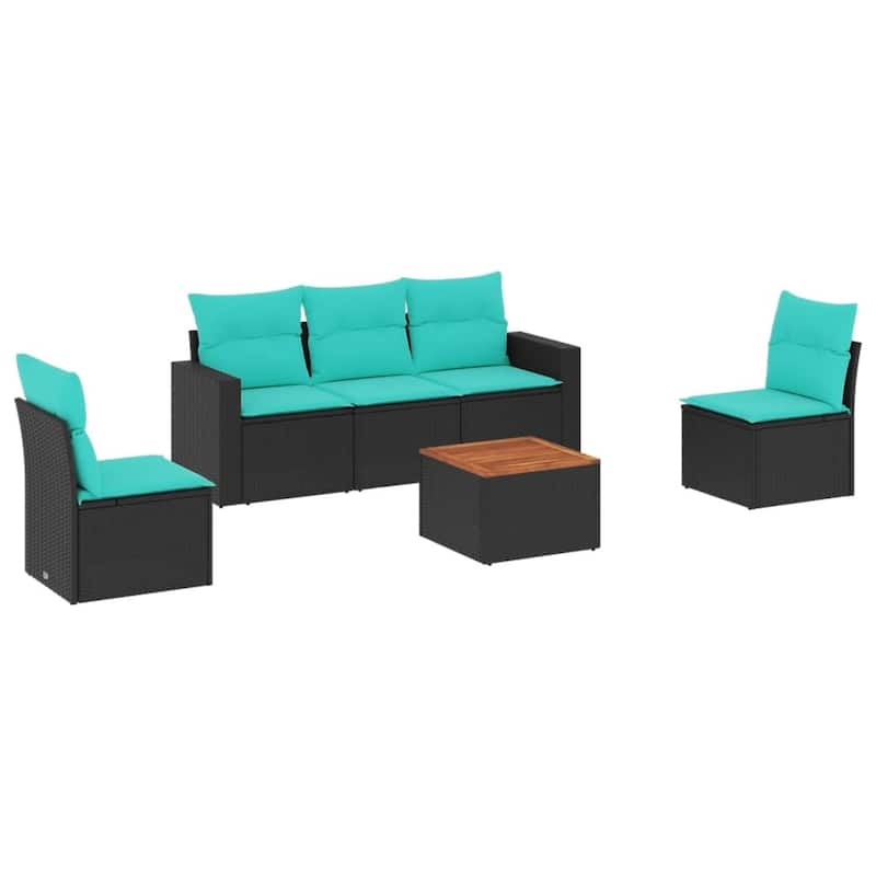 vidaXL 6 Piece Patio Sofa Set with Cushions Black Poly Rattan - 21.7 x 24.4 x 27.2