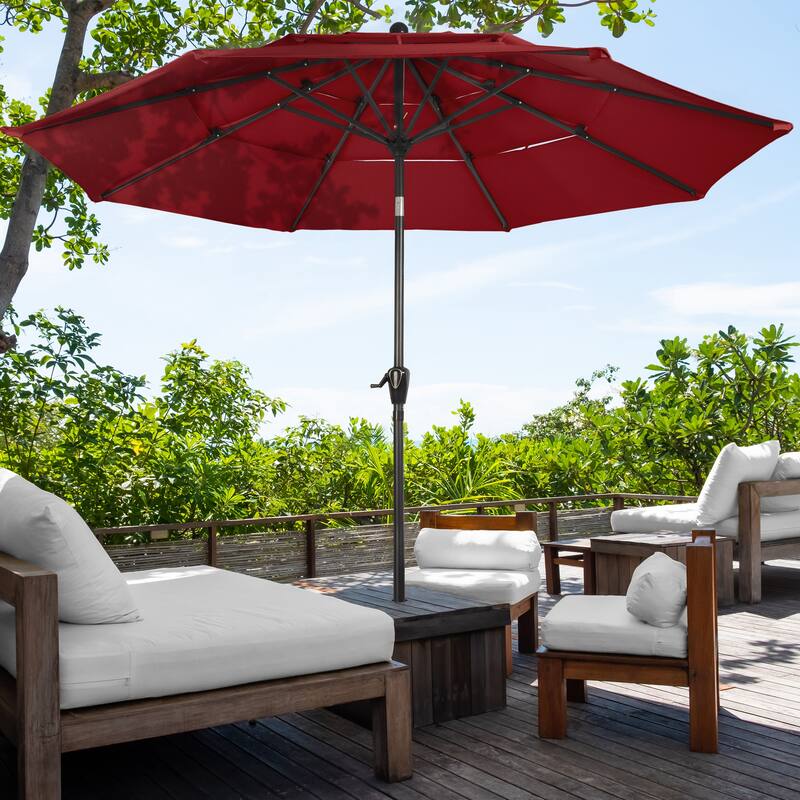 10 ft Patio Umbrella, 3-Tiered Sunshade with Push Button Tilt and Easy-Open Crank, Outdoor Umbrella for Deck, Yard - Red