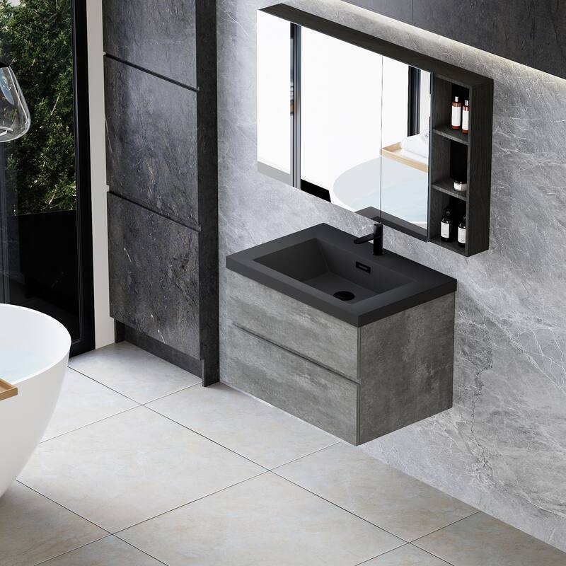 36" Wall-Mounted Floating Vanity with Premium Quartz Sand Basin, Grey Modern Storage Cabinet