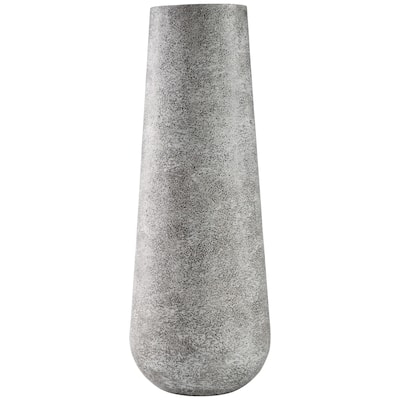 Fin 21 Inch Cylindrical Metal Vase, Subtly Textured, Antique Gray White