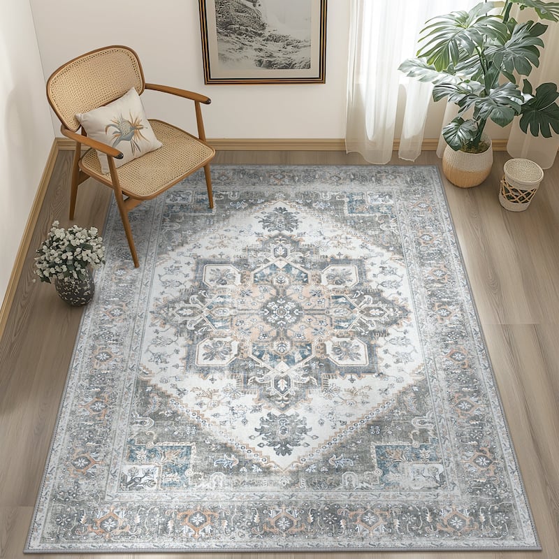 Mcow Vintage Gray Classical Pattern Ultra-Thin Low-Pile 5x7 Non-Slip Washable Area Rug - 5' x 7'
