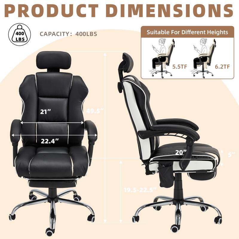 EROMMY Ergonomic Gaming Chair with Adjustable Footrest, Reclining Backrest and Massage, Heated Office Chair