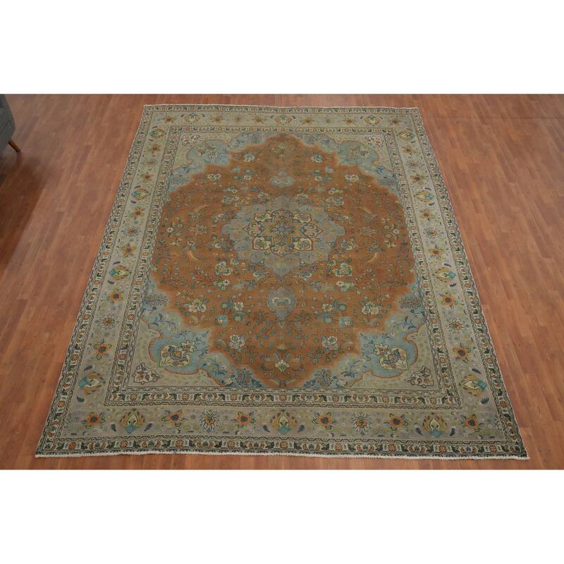 Hand Knotted Oriental 100% Wool Carpet Traditional Floral Brown Tabriz Area Rug - 13' 0'' X 10' 0''