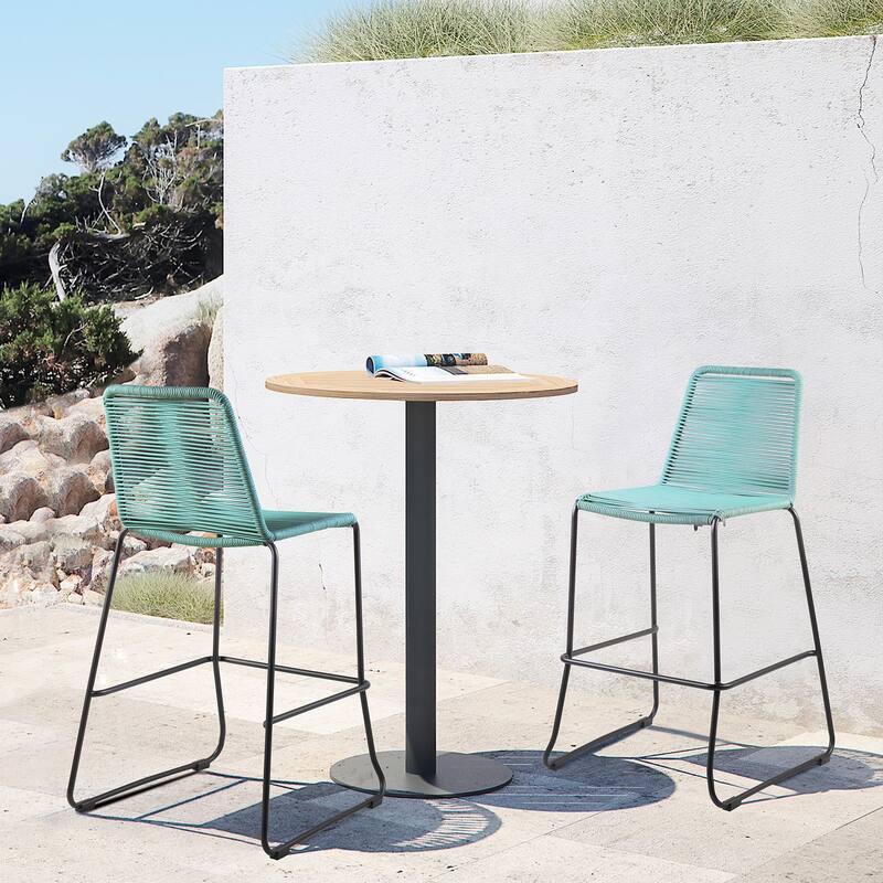 Shasta Black Steel and Rope Indoor Outdoor Bar Height Stackable Patio Bar Stools - Set of 2 - Bar Height