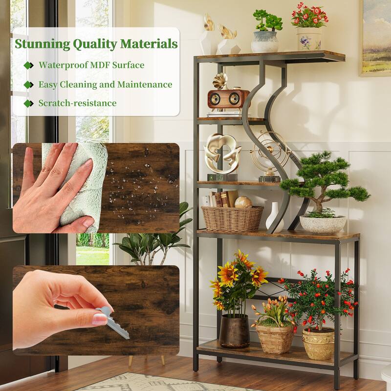 Tall 5-Tier Industrial Metal & Wood Plant Stand, Bookshelf, Bonsai Display - 36" W x 12" D x 72" H