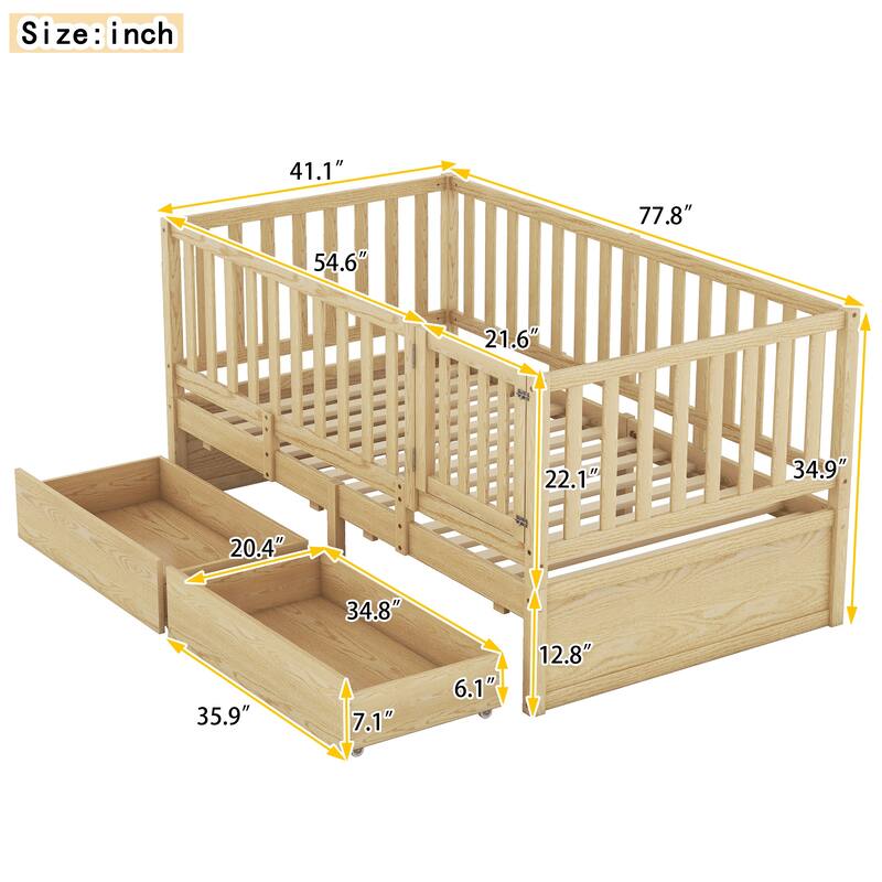 Wood Daybed with Fence Guardrails and 2 Drawers, Split into Independent Floor Bed & Daybed