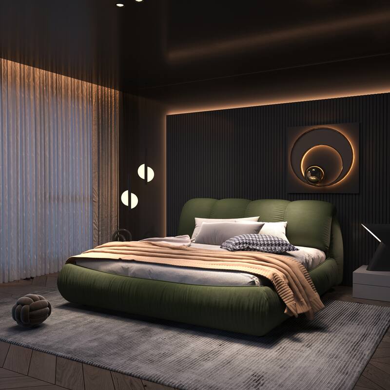 Luxury Upholstered Platform Bed with Thick Headboard, Polyester Fabric Bed w/Oversized Padded Backrest, Slat Support Bed Frame - Green - Queen