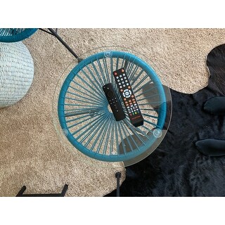 Sarcelles Modern Woven Wicker Patio Side Table with Glass Top by Corvus