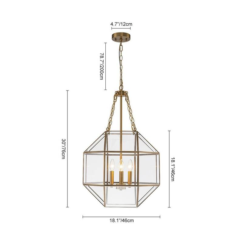 Modern 3-Light Polygonal Cube Clear Glass Metal Lantern Chandelier - 18.1in