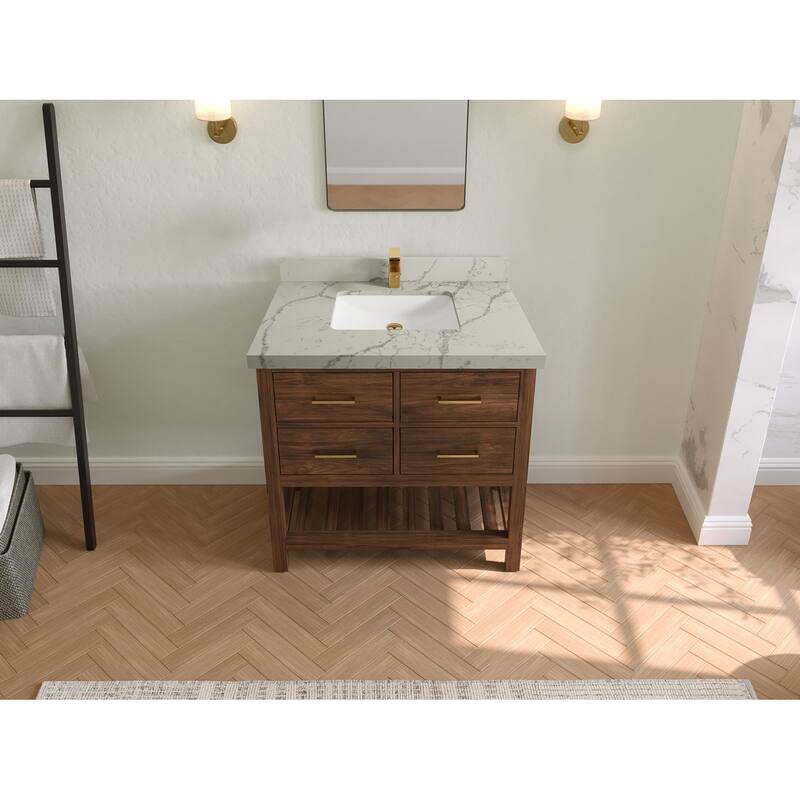 Willow Collections 36 in. W x 22 in. D Parker Solid Teak Wood Single Sink Bathroom Vanity with Quartz or Marble Countertop