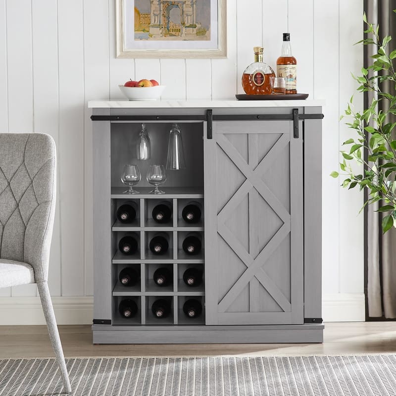 37 in. Barn Door Buffet Bar Cabinet with Wine Rack