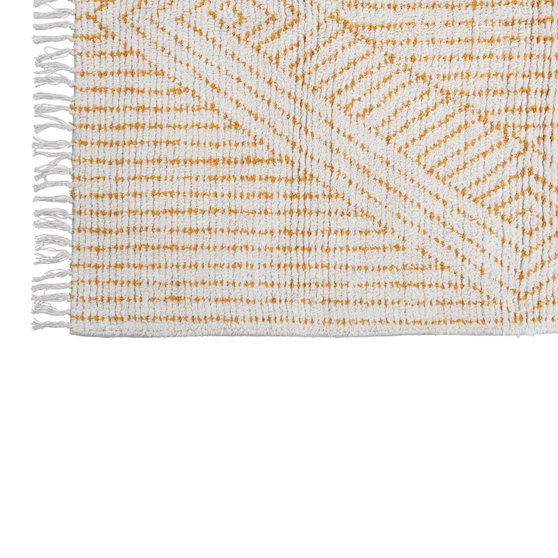 Stonewashed Cotton Tufted Rug with Diamond, Stripes and Fringe - 4' x 6'