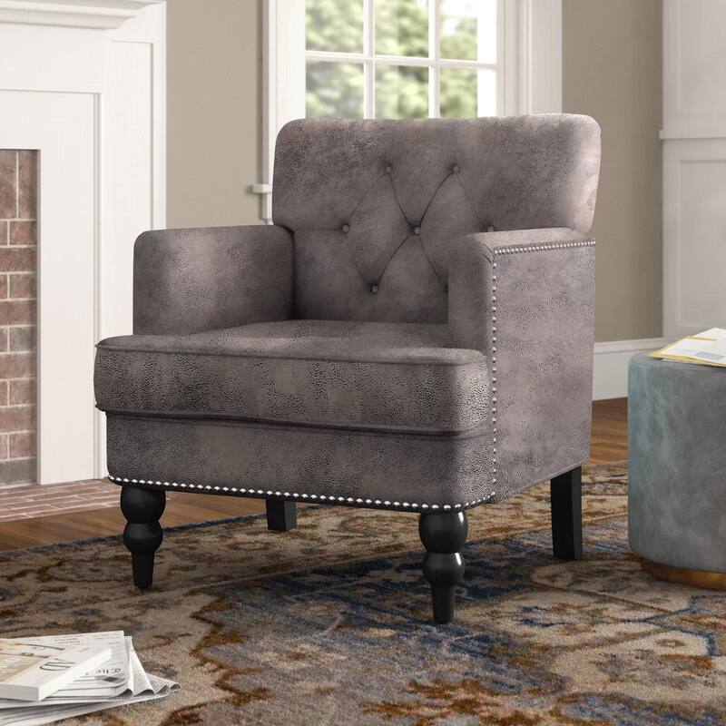 Modern 28" Upholstered Button Tufted Club Chair with Nailheads and Birch Wood Legs - Grey+Brown