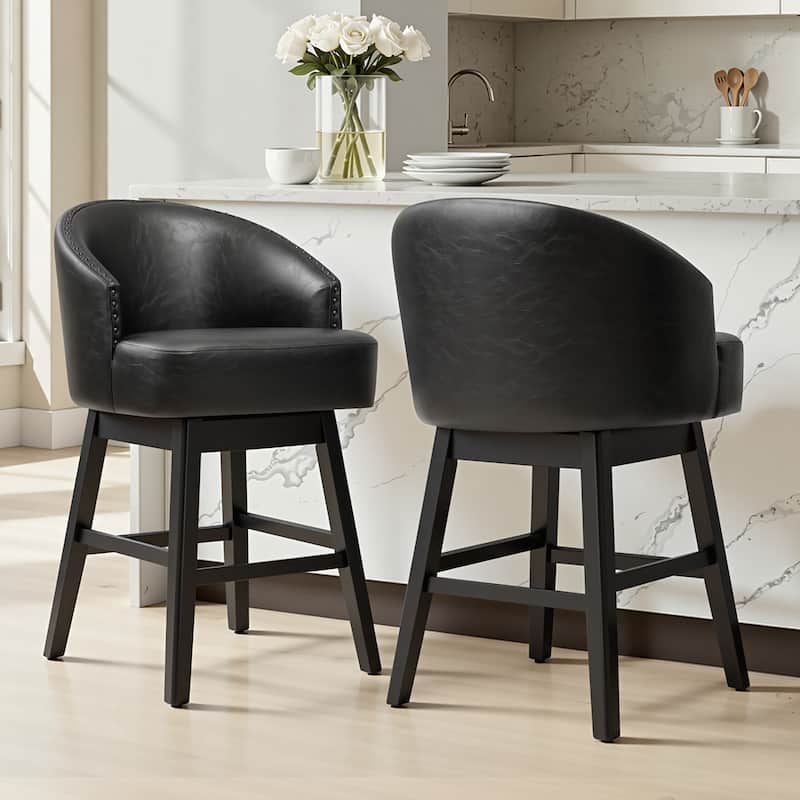 26.4''/31.9"H Faux Leather Upholstered Solid Wood Swivel Bar Stools / Counter Stools - Set of 2 - 26.6''Black - Counter Height