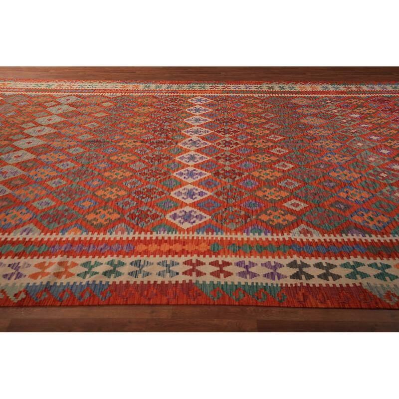 Orange Geometric Kilim Oriental Large Rug Flatweave Wool Carpet - 10'1" x 16'3"
