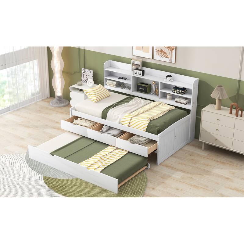 Twin Wooden Captain Bed with Bookshelves, 3 Storage Drawers, and Trundle