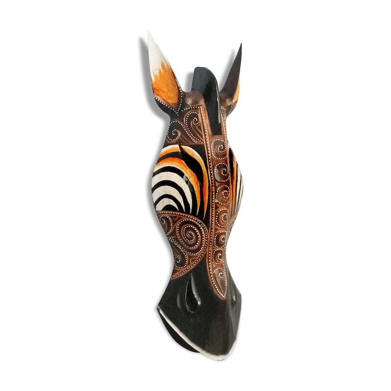 Wooden Tribal African Giraffe Mask Hand Carved Wall Plaque Hanging Decor Sculpture Decoration Handmade Handcrafted Swirl Motif - 20" tall x 6" wide x 2.5" deep