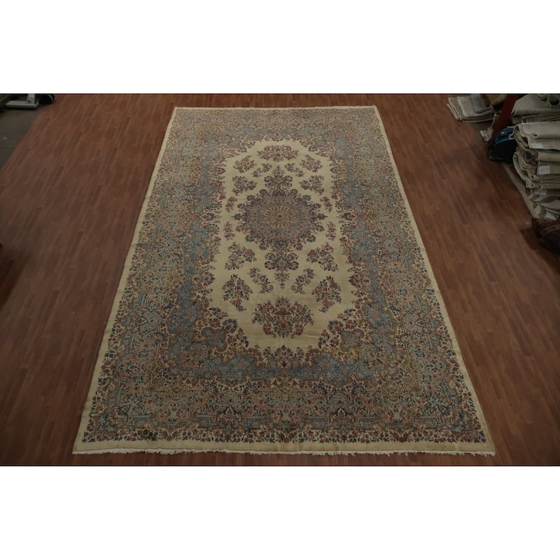 Hand Knotted Oriental 100% Wool Carpet Traditional Floral Beige & Ivories Kerman Area Rug - 20' 2'' X 11' 7''