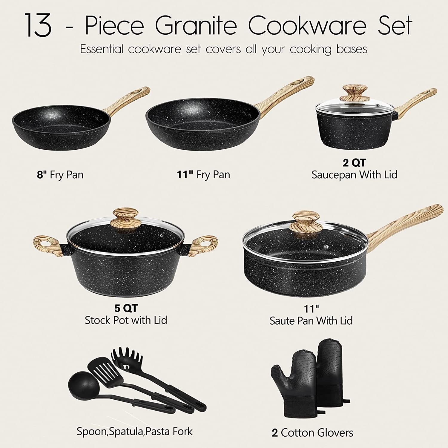 12 Pieces Cookware Set Granite Nonstick Pots and Pans Dishwasher Safe Black  - none - Bed Bath & Beyond - 37566821