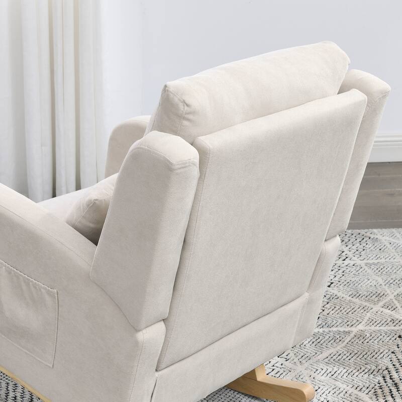 High Back Rocker Accent Chair with Wood Base, One Lumbar Pillow and Two Side Pockets