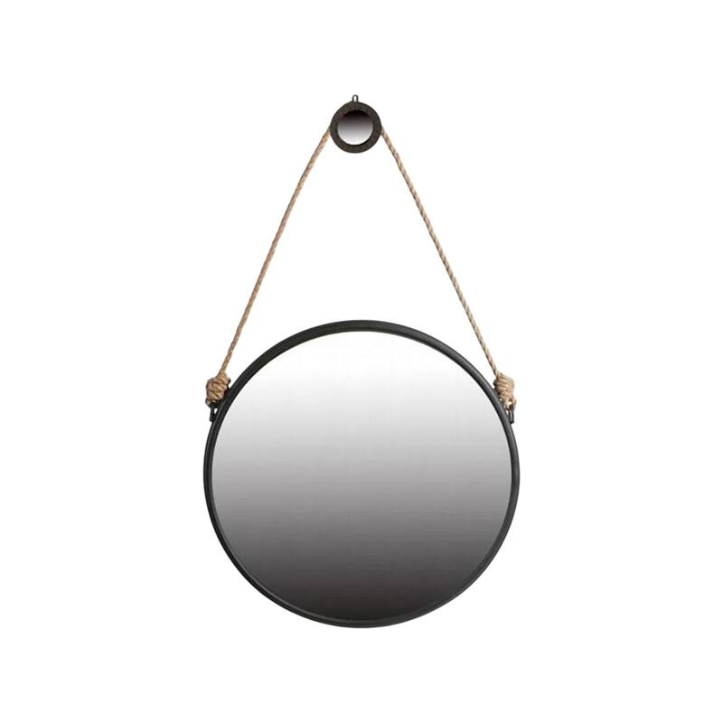 HomeRoots 30" Black Fame Round Wall Hanging Accent Mirror with Rope - 29.5