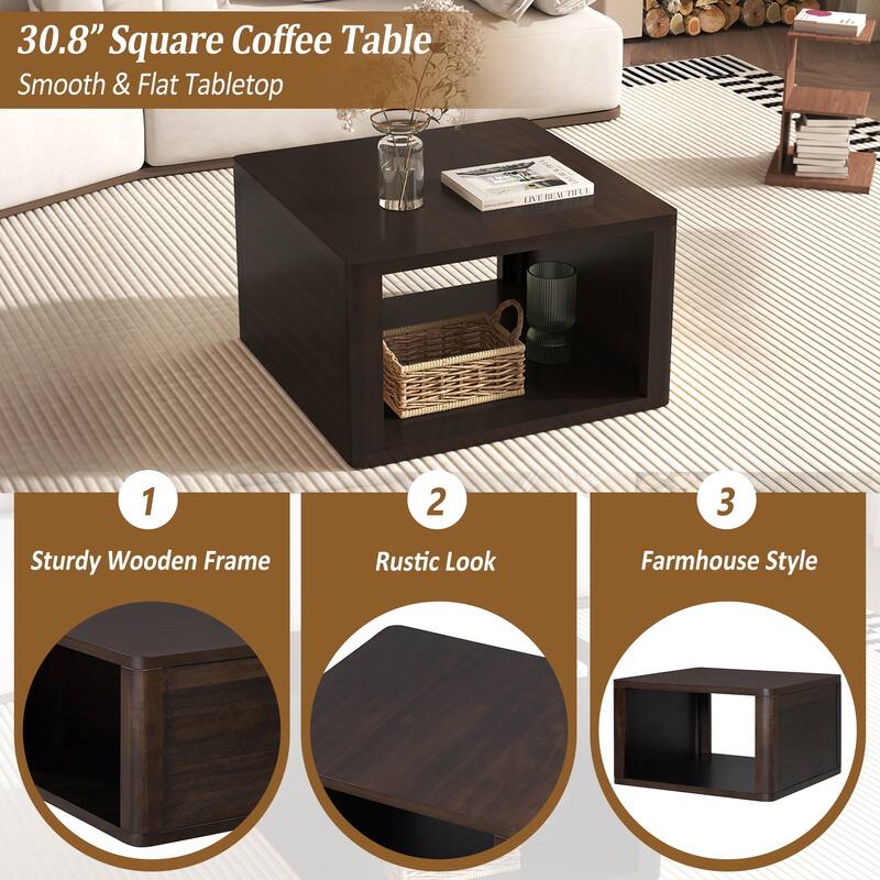 Roomfitters Modern Square Coffee Table with Open Storage Shelf, Wood Finish, 2-Tier Center Table 30.8"