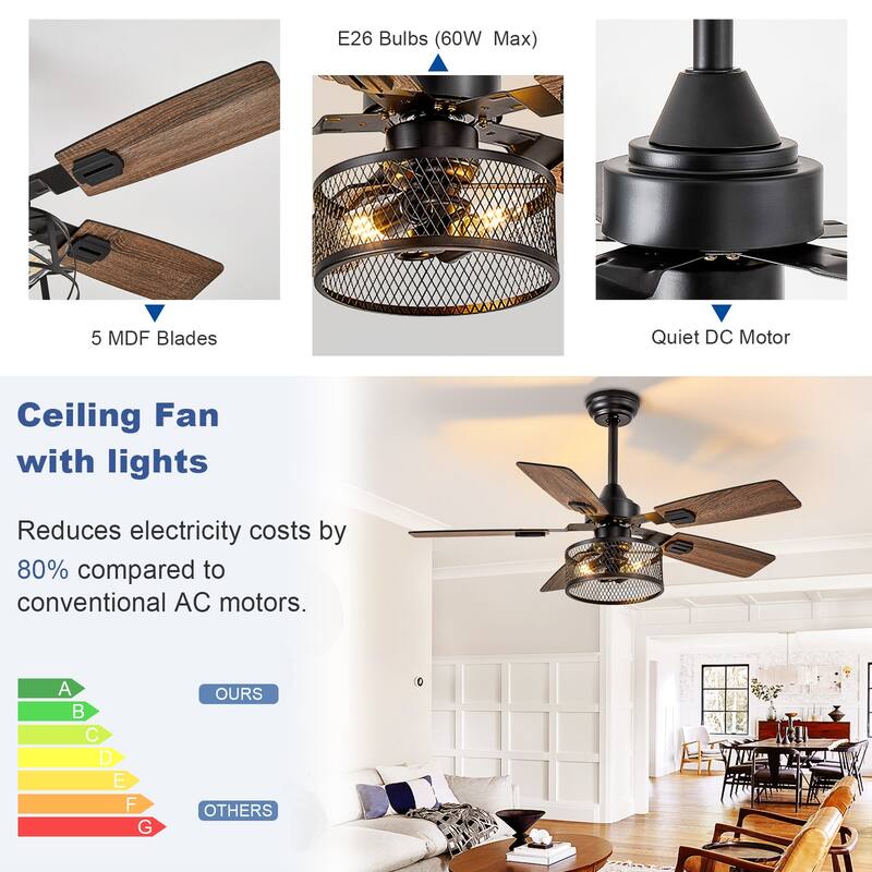 42-52Inch Caged Ceiling Fans with Lights: Dual Finish 5 Blades - Rustic with Remote Control (E26 Bulb Included)