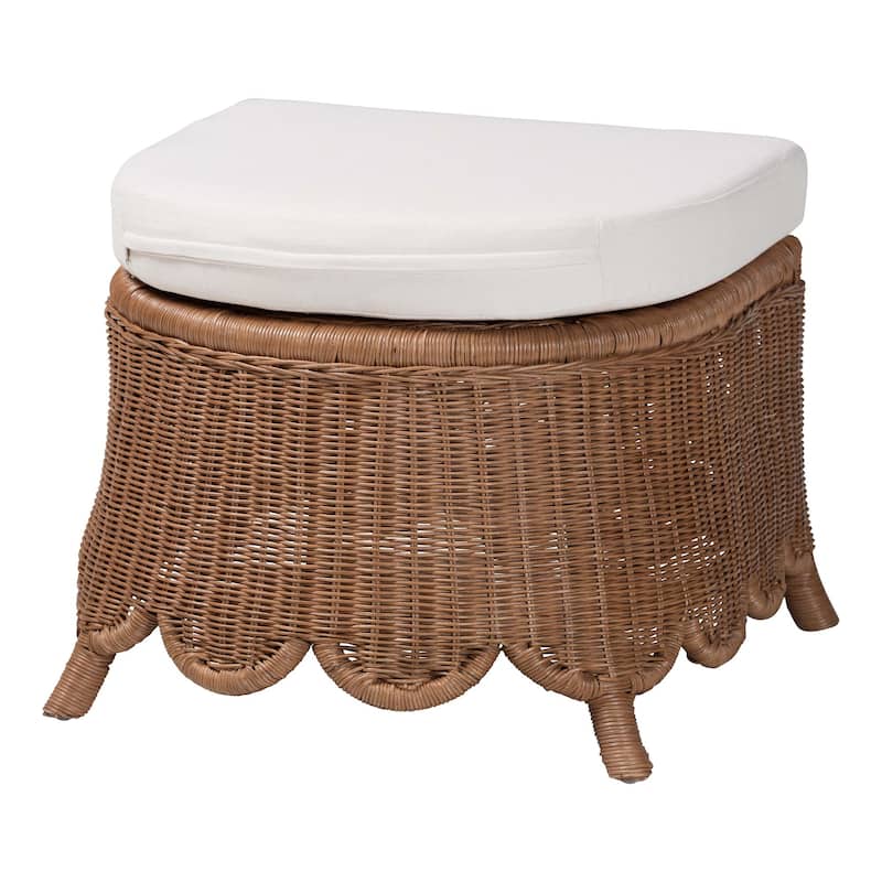Detta Natural Rattan Footstool with Cushion - Handwoven Wicker Ottoman with Scalloped Skirt Base for Coastal Seating - Peanut Brown