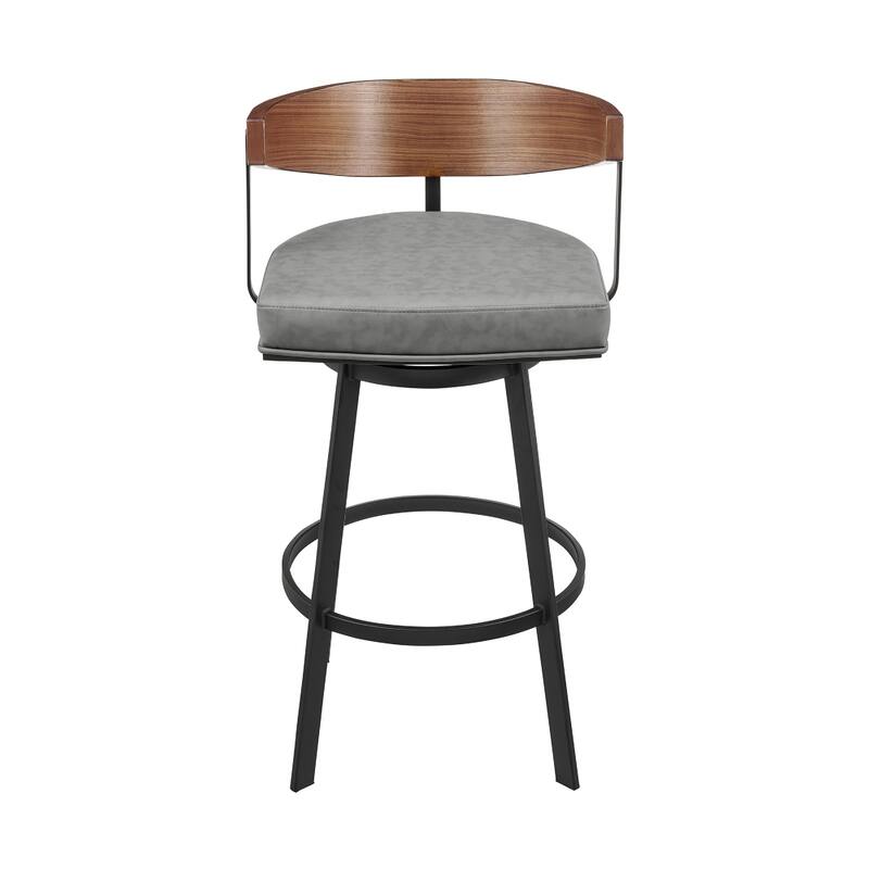 Lasie Swivel Barstool Chair, Barrel Back, Walnut Brown, Gray Faux Leather