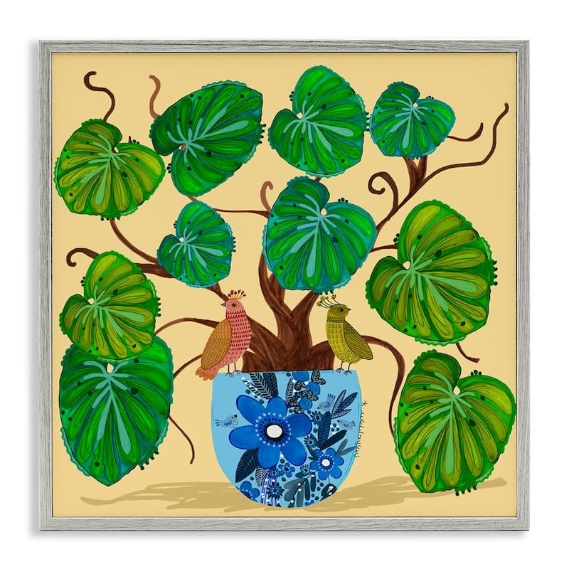 Stupell Potted Plant & Birds Perched Framed Giclee Art Design By Kay Widdowson - 24 x 24 - Grey