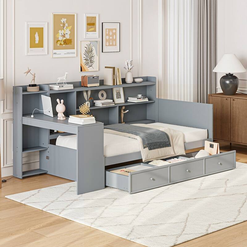 Wooden Daybed With 3 Drawers and USB Ports - Gray - Twin