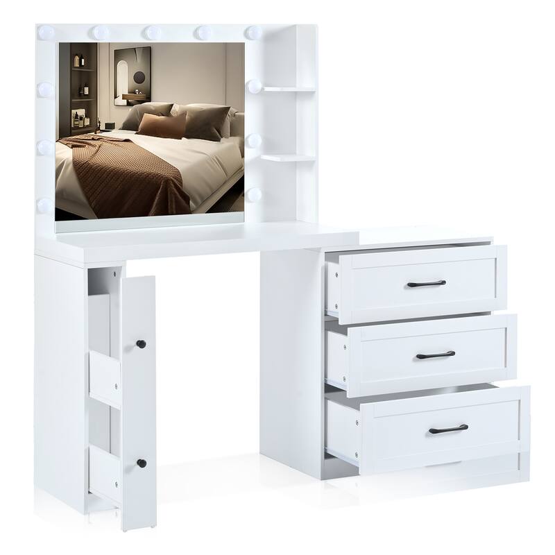 55.2" Vanity Desk with Freely Adjustable Side Cabinet, Makeup Vanity with Hollywood Lights, Bedroom Storage Dressing Table