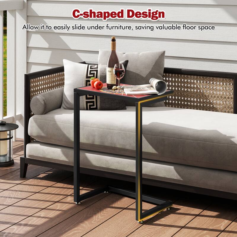 Gymax 2PCS Mosaic Outdoor C-Shaped End Table w/ Ceramic Tile Top