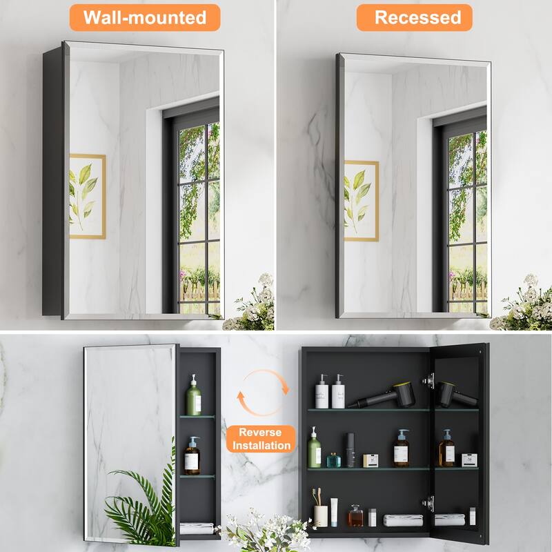 Belle Medicine Cabinet with Mirror, Adjustable Shelves, Recessed or Wall Mount