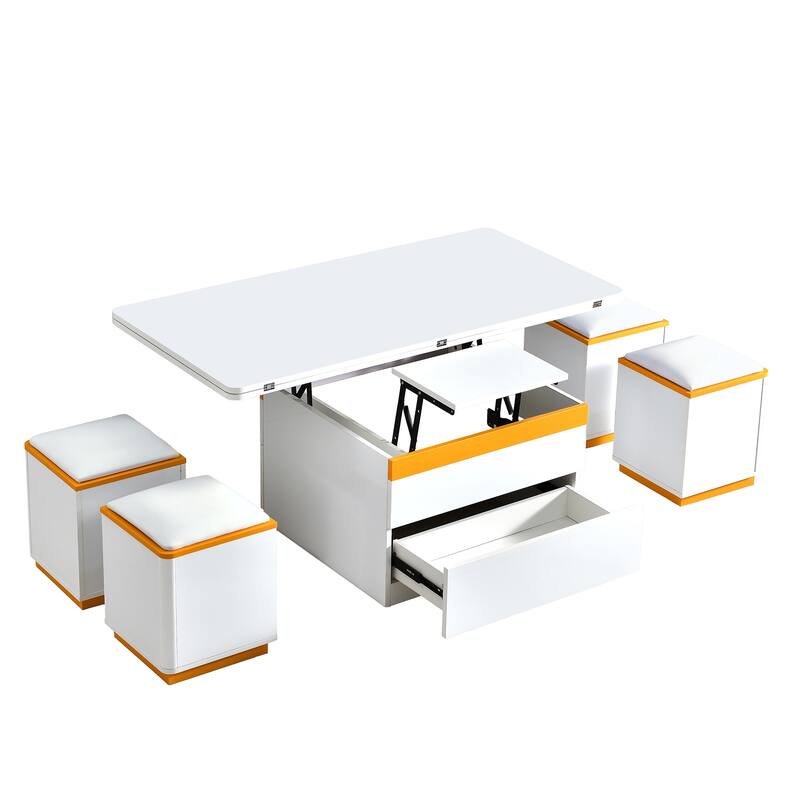 Lift-Top Coffee Table with 4 Storage Stools, Center Table with Foldable Top, Multi-Functional Adjustable Coffee Table