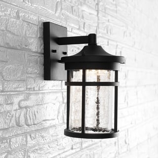 JONATHAN Y Minimo Outdoor Wall Lantern Crackled Glass/Metal Integrated LED Wall Sconce Black