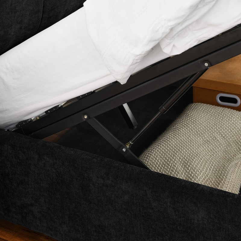 Hydraulic Storage Bed Frame Chenille Upholstered Platform Bed Queen Size Low Profile Bed with Integrated Headboard