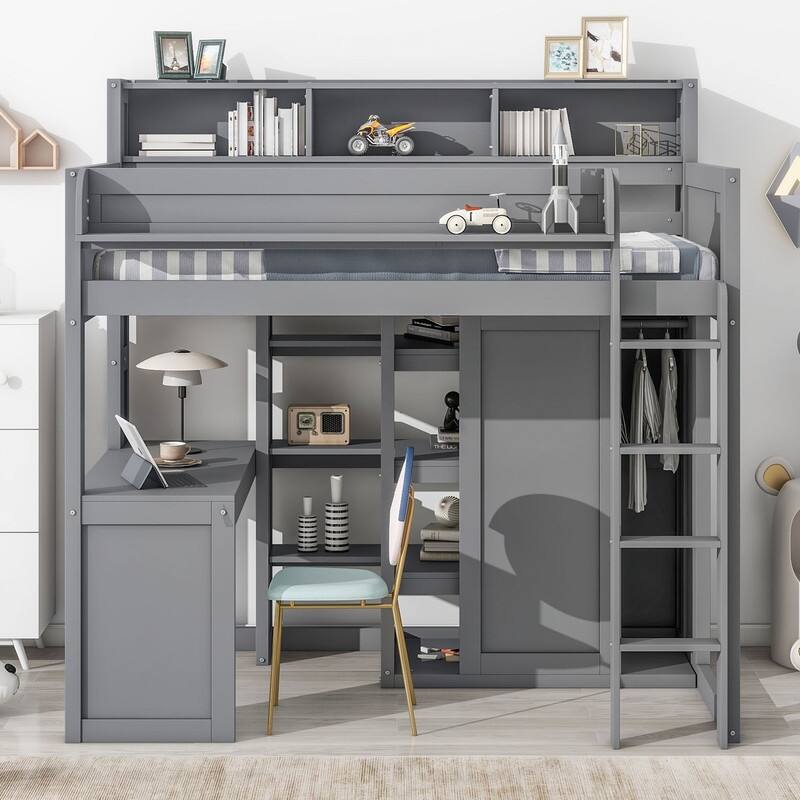 Wooden Twin Size Loft bed with Multiple Storage Shelves and Wardrobe