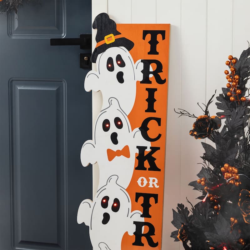 Glitzhome 42"H Lighted Halloween Wood Stacked Ghost with "Trick or Treat" Porch Sign w/Timer